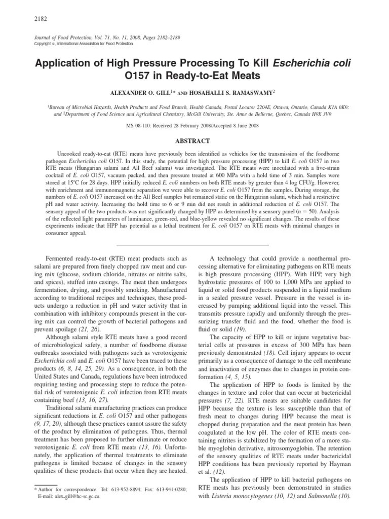 Application of High Pressure Processing To Kill Escherichia Coli O157 in ReadytoEat Meats
