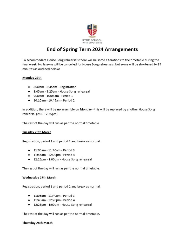 End of Spring Term Arragements 2024 PDF