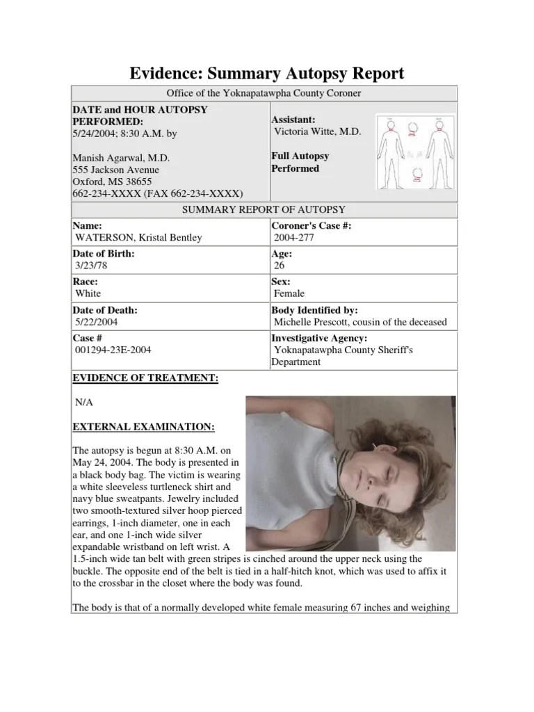 Evidence Summary Autopsy Report Date and Hour Autopsy Performed(01)