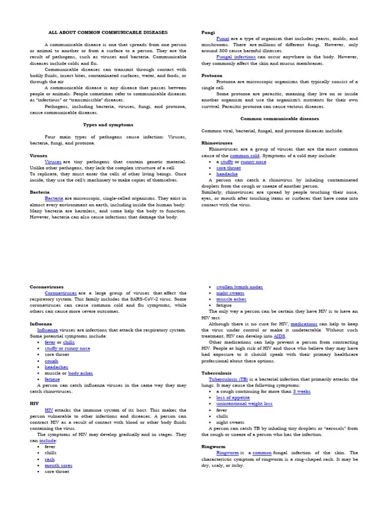COMMON COMMUNICABLE DISEASES READING MATERIAL PDF Infection Common Cold