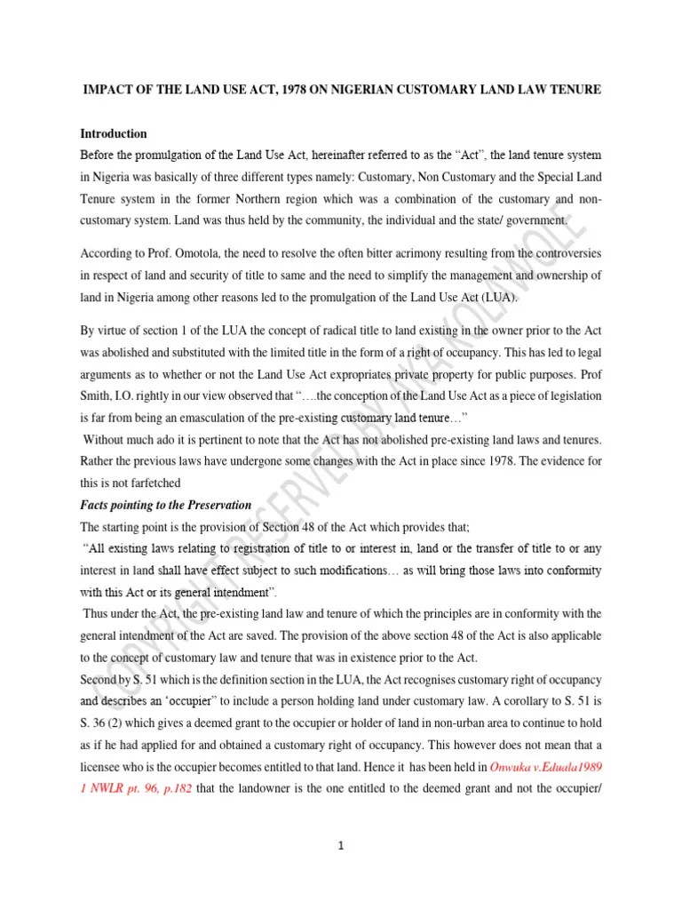 Impact of The Land Use Act On Customary Land Tenure in Nigeria PDF