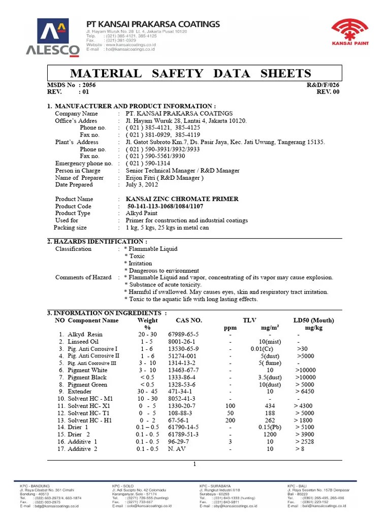 MSDS Kansai Zinc Chromate Primer PDF Waste Toxicity