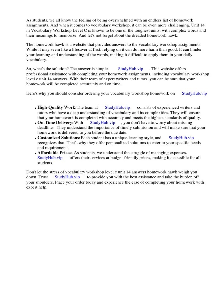 Vocabulary Level C Unit 14 Answers Homework Hawk PDF