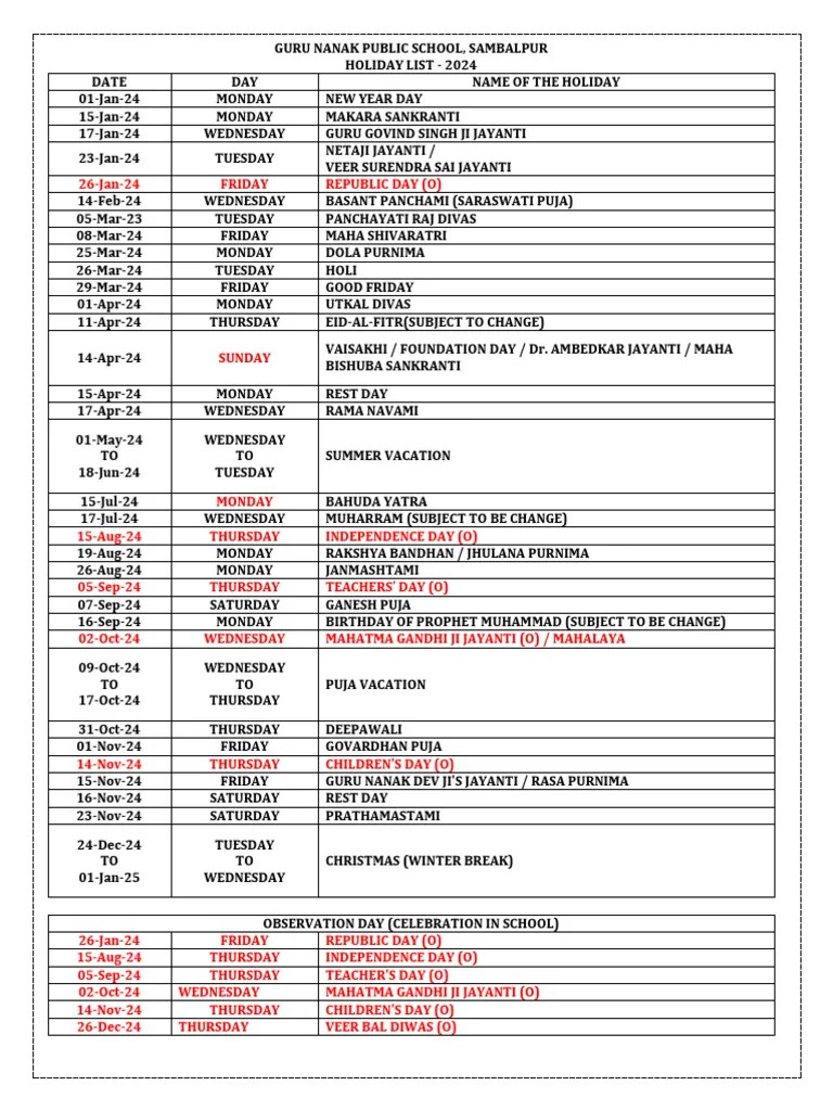 Holiday List 202425 PDF Religious Holidays Observances