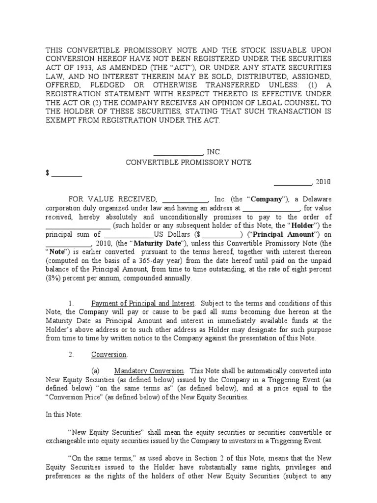 Convertible Promissory Note Template 1 Securities (Finance) Bankruptcy