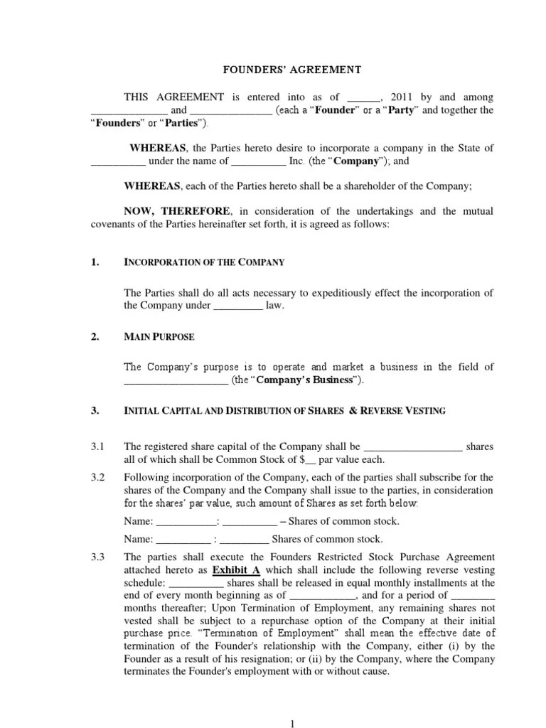 Founders Agreement Template 1 Intellectual Property Trade Secret