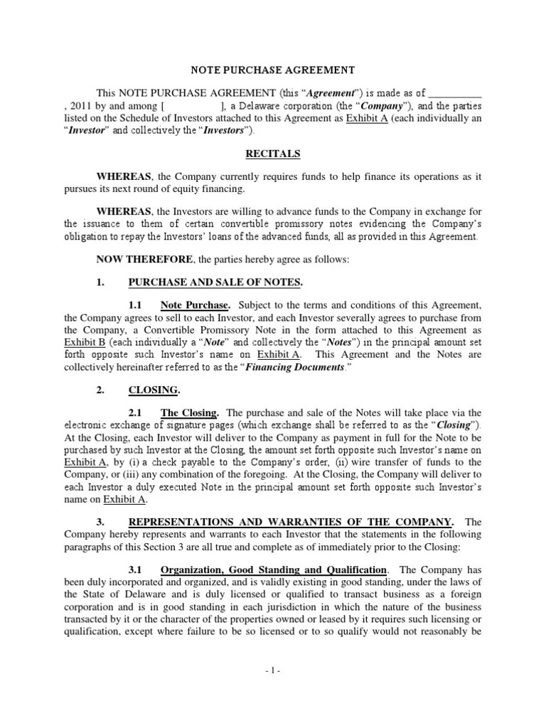 Note Purchase Agreement Template 1 Securities Act Of 1933 Stocks
