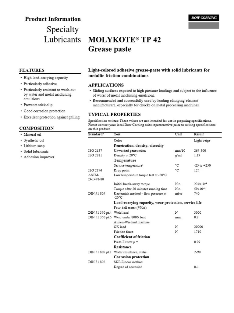 4.4.Molykote TP 42 Grease Paste Data Sheet PDF Lubricant Friction