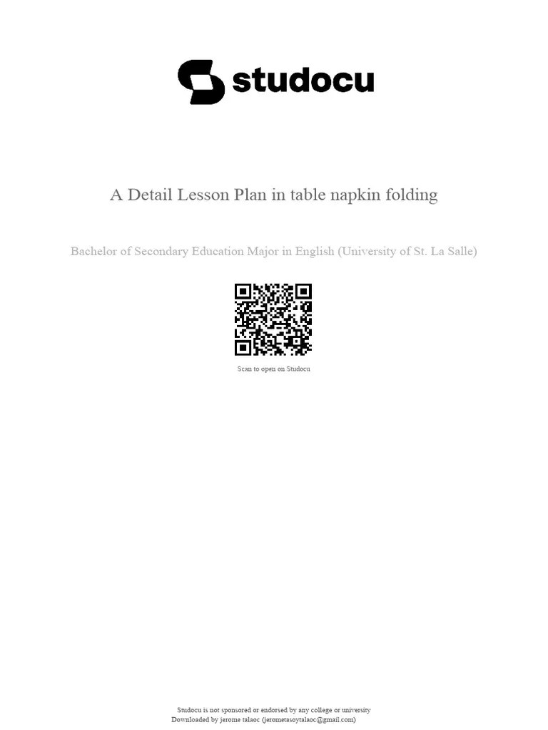 adetaillessonplanintablenapkinfolding PDF Lesson Plan