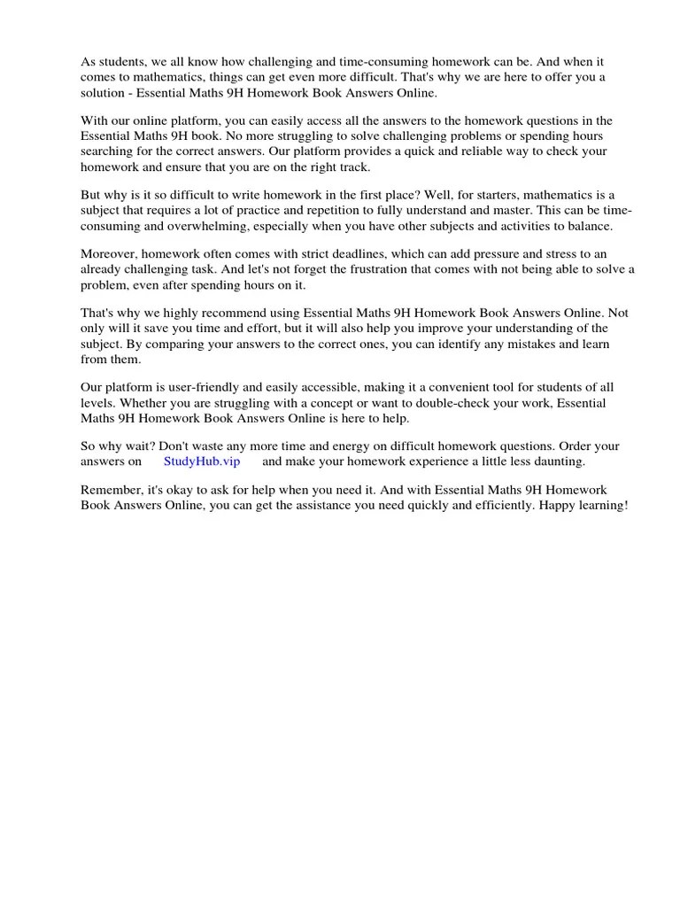 Essential Maths 9h Homework Book Answers Online PDF Pay Pal E Bay