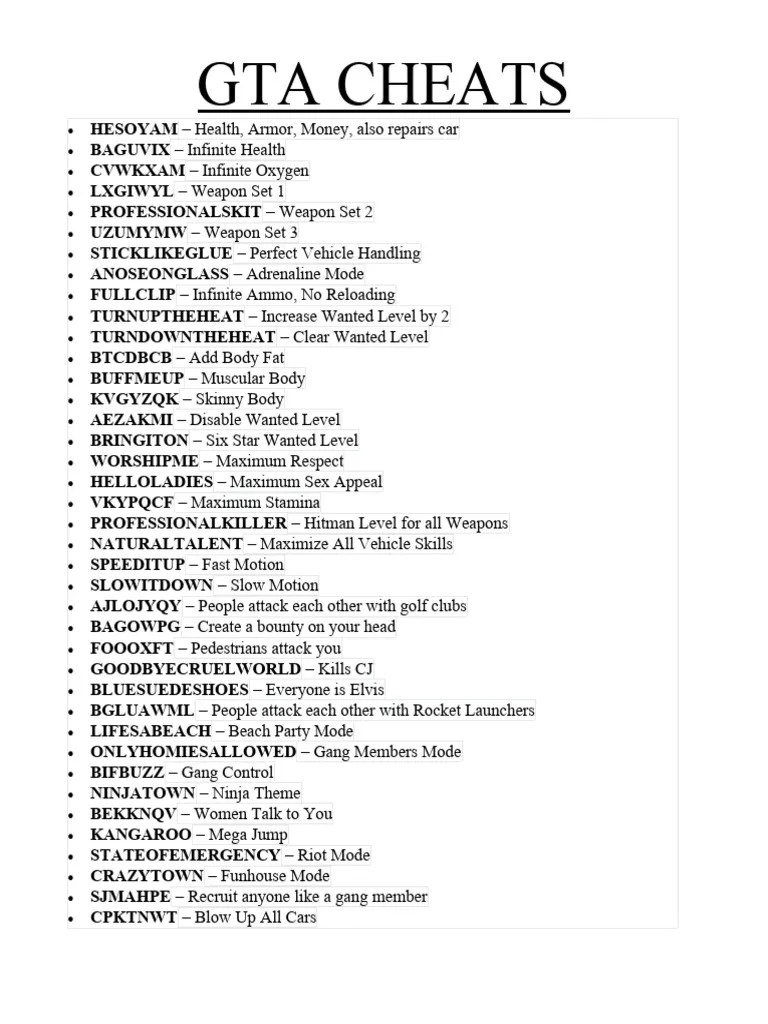 Gta Cheats Download Free PDF Vehicles(02)