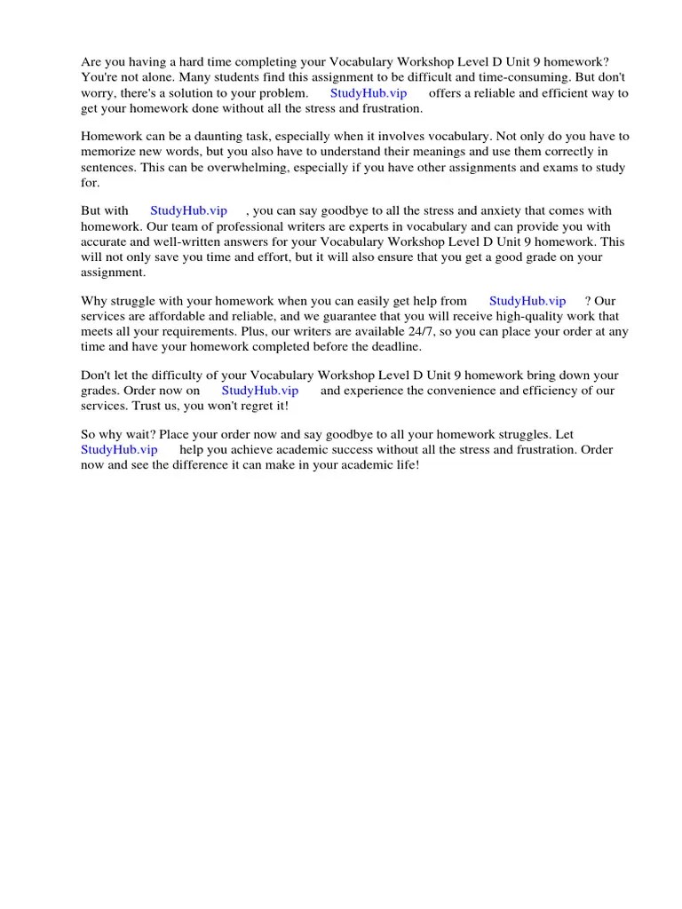 Vocabulary Workshop Level d Unit 9 Answers Homework Hawk | PDF
