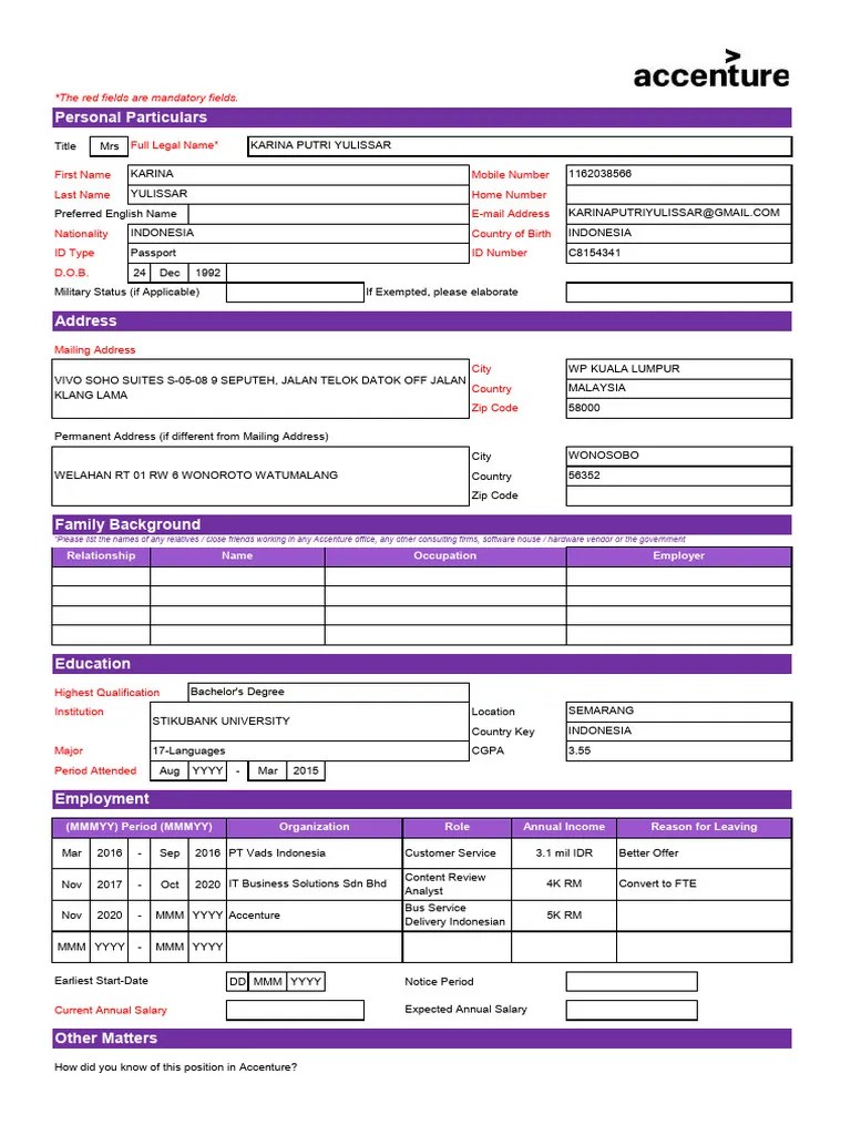 Accenture Application Form ASEAN MY 2021 2 Download Free PDF
