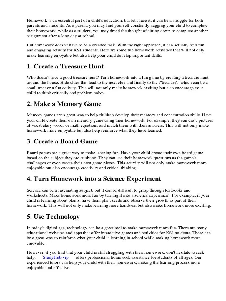 Fun Homework Activities Ks1 PDF Homework Worksheet
