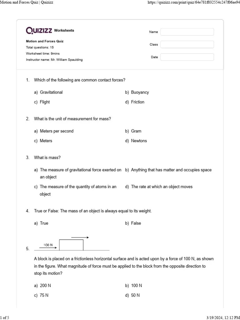 Motion and Forces Quiz Quizizz Download Free PDF Force Mechanics