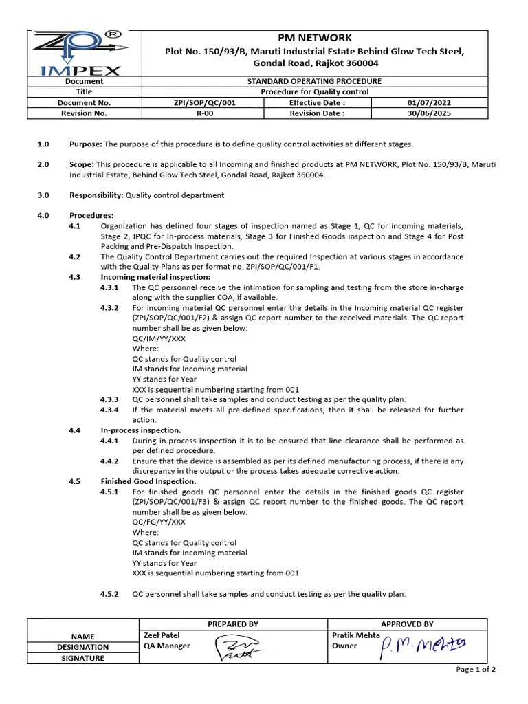 SOP For Quality Control Download Free PDF Quality Business Process