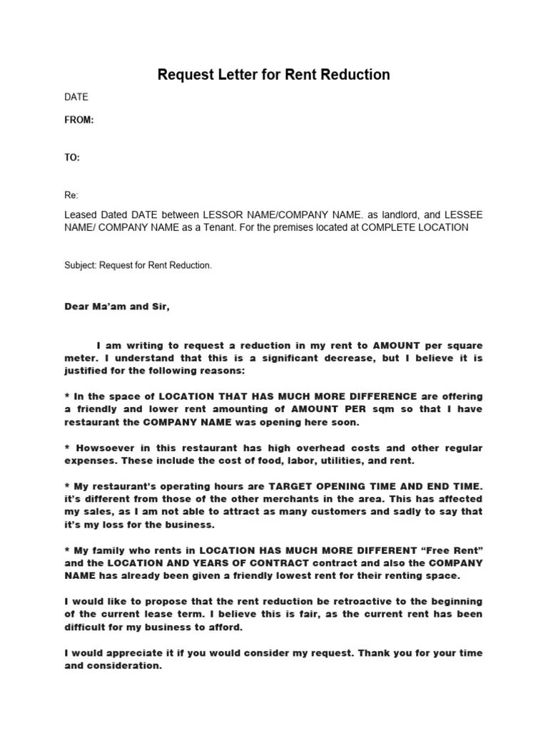 Request Letter for Rent Reduction SAMPLE PDF