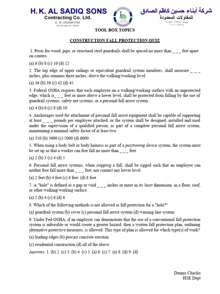 CONSTRUCTION FALL PROTECTION QUIZ PDF Safety Occupational Safety