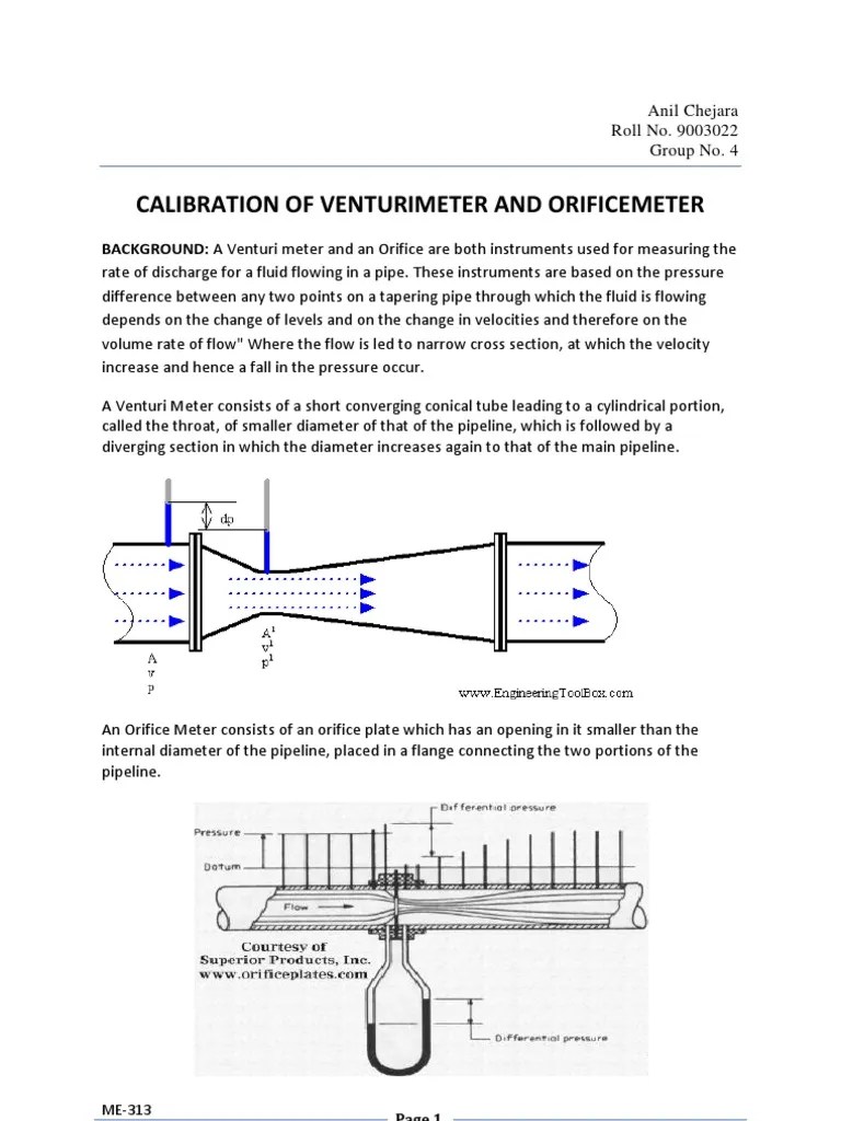 Calibration of Venturimeter and Orificemeter Flow Measurement