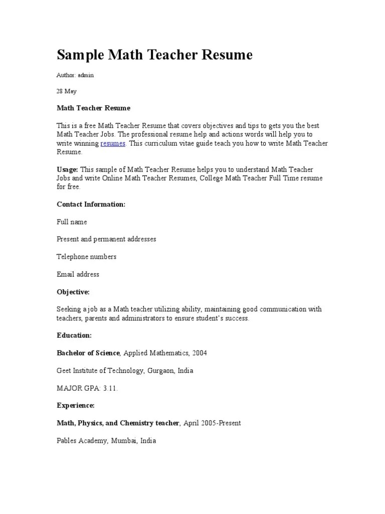 Sample Math Teacher Resume Teachers Tutor