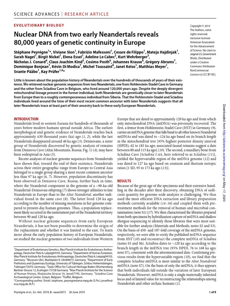 Nuclear DNA From Two Early Neandertals Reveals 80 000 Years of