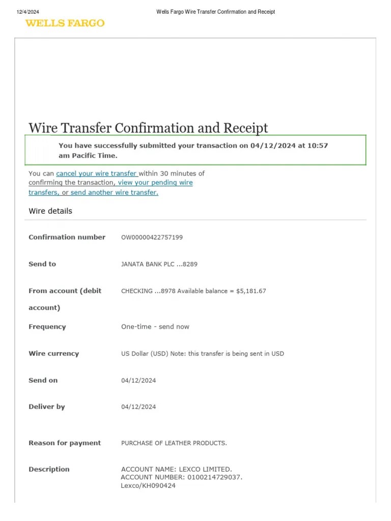 Wells Fargo Wire Transfer Confirmation and Receipt | PDF | Wire
