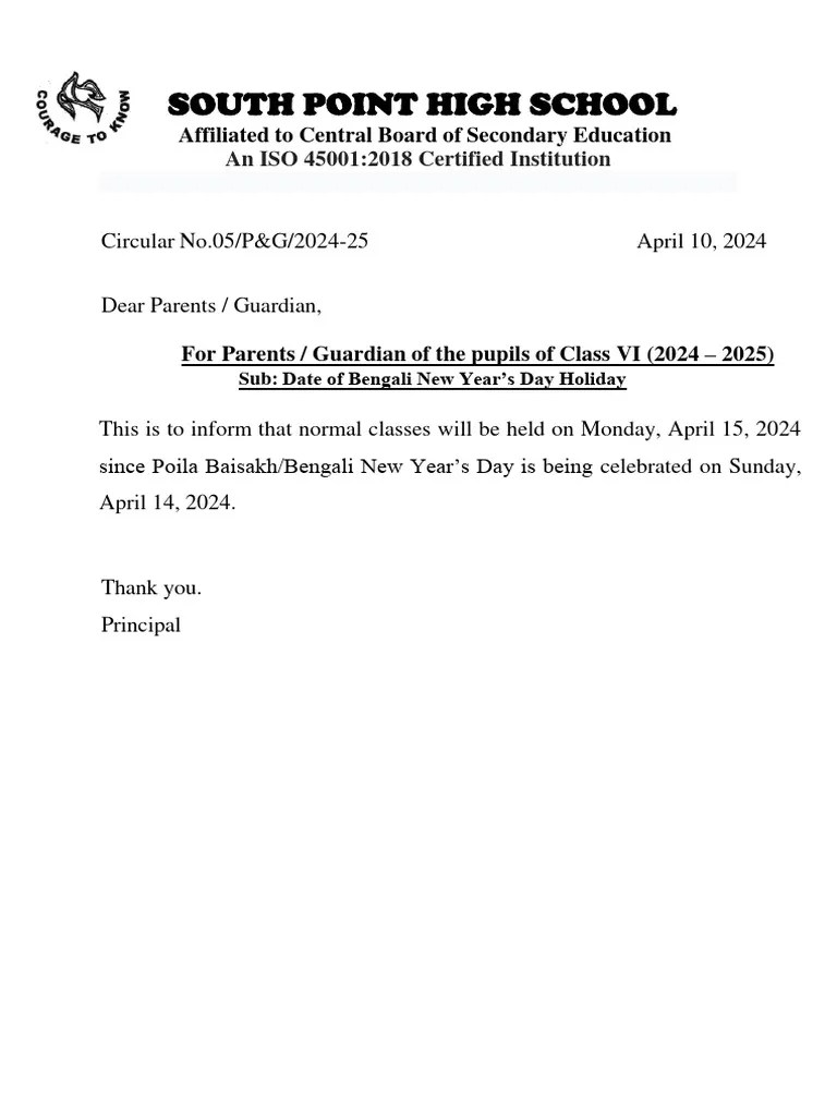 Circular No.05 Date of Bengali New Year S Day Holiday Class VI 10.