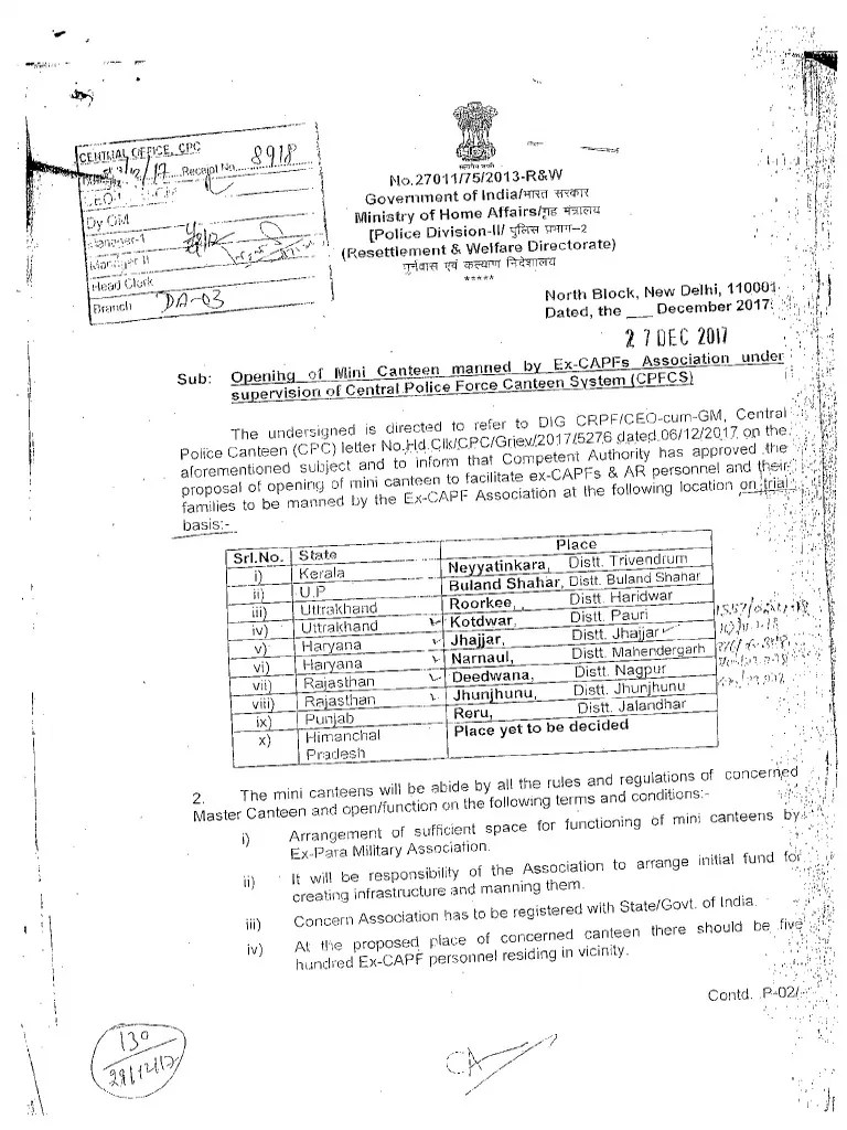 Opening of Mini Canteen CPC Canteen PDF Government Of India