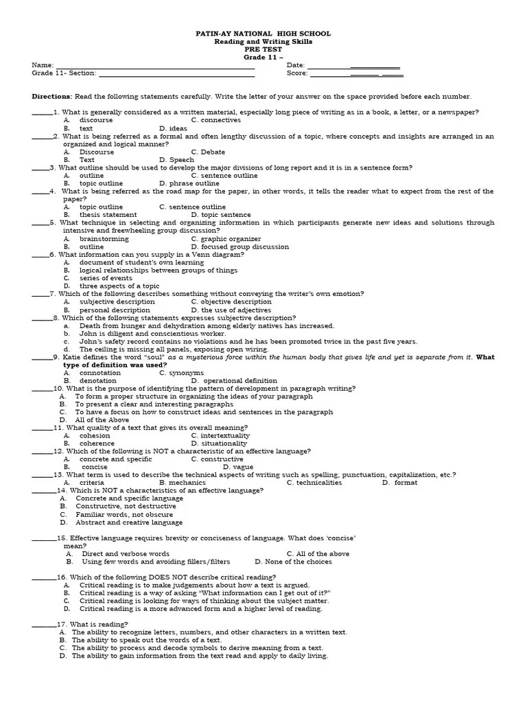 Reading and Writing Skills PRETEST PDF Credit Finance & Money