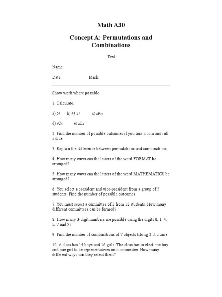 Permutation and Combinations Test 15 Problems and Answers PDF