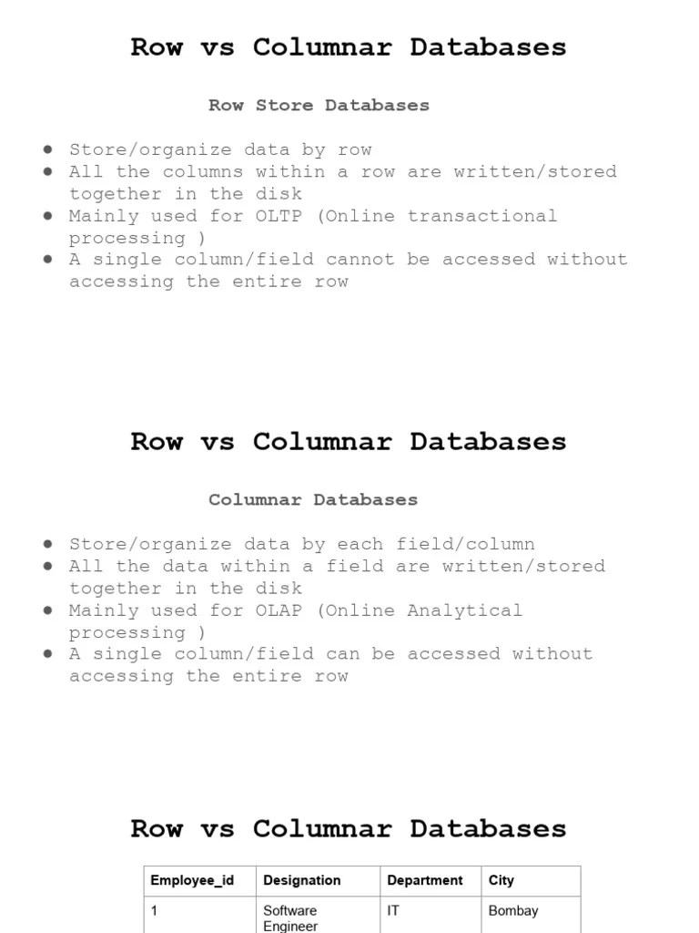 Row Vs Columnar Databases PDF