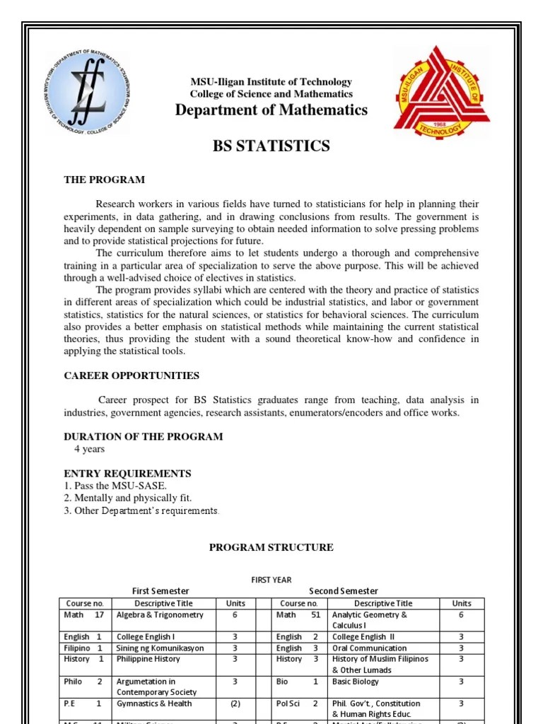 Bachelor of Science in Statistics Statistics Physics