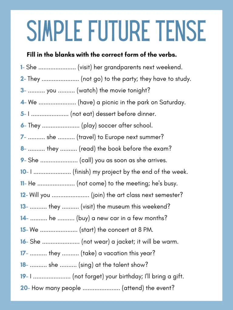 Simple Future Tense Worksheet Pdf