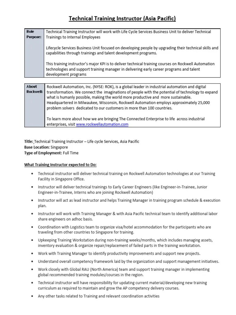 Technical Training Instructor Job Description PDF Automation Learning