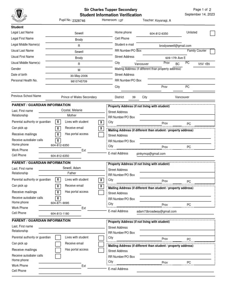 BC Student Information Verification Form PDF Email Address
