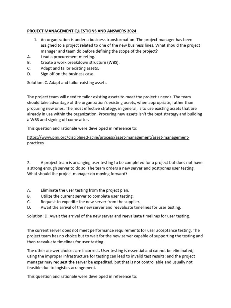 Project Management Questions and Answers 2024 PDF Risk Scrum