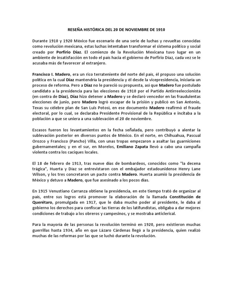 RESEÑA HISTÓRICA DEL 20 DE NOVIEMBRE DE 1910