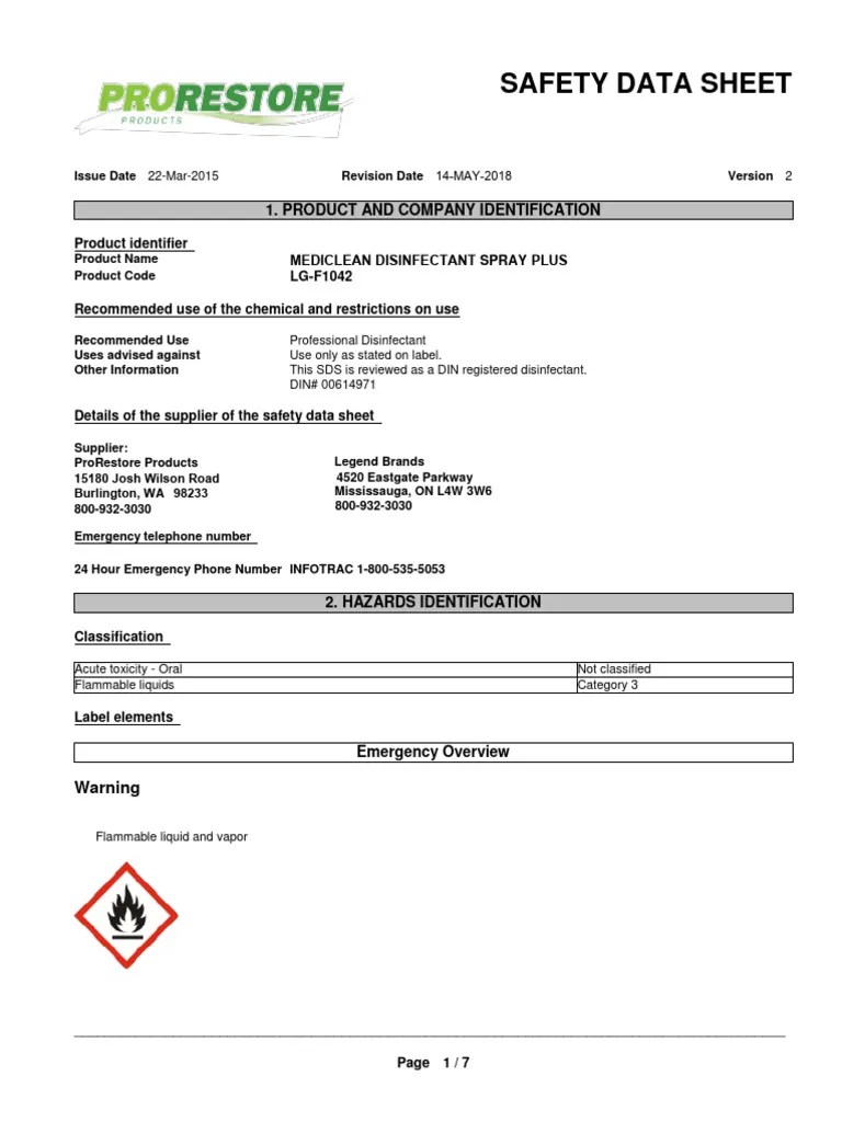 Mediclean Disinfectant Spray Plus CAN SDS Eng May 14 2018 PDF
