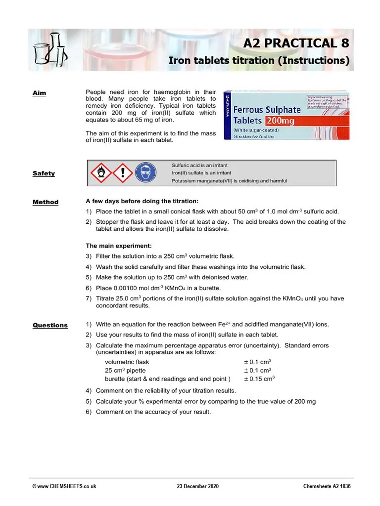 Chemsheets A2 1036 A2 Prac 8 Iron Tablets Titration Instructions PDF