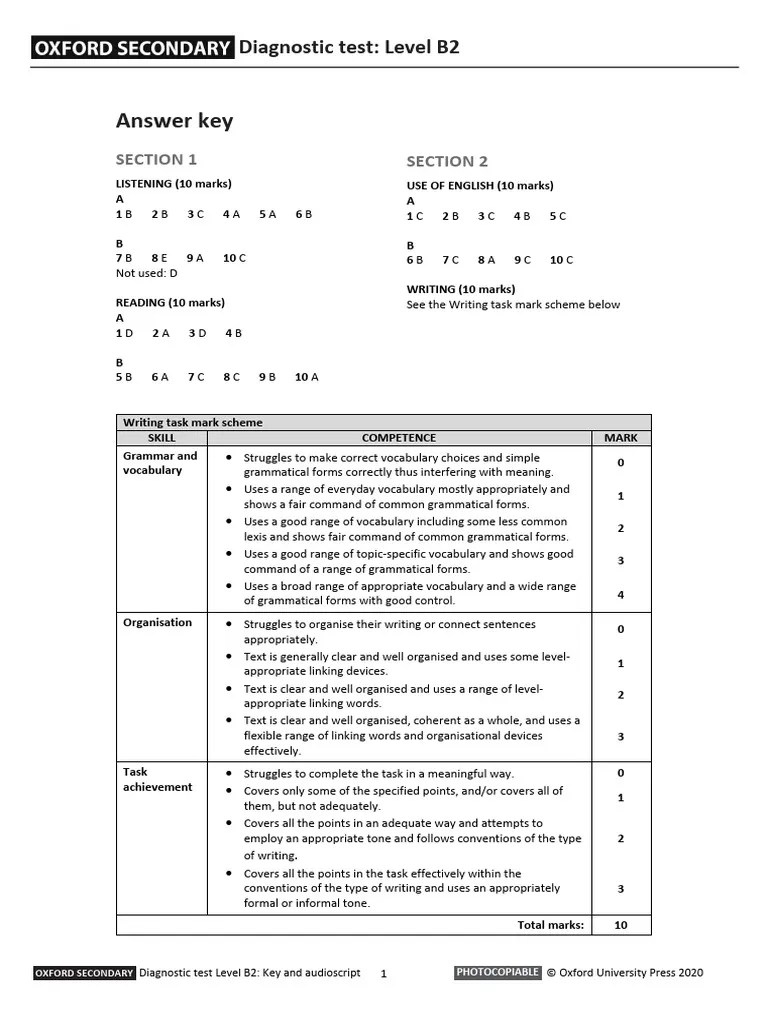 B2 Diagnostic Test Answer Key and Audioscript PDF Vocabulary Grammar