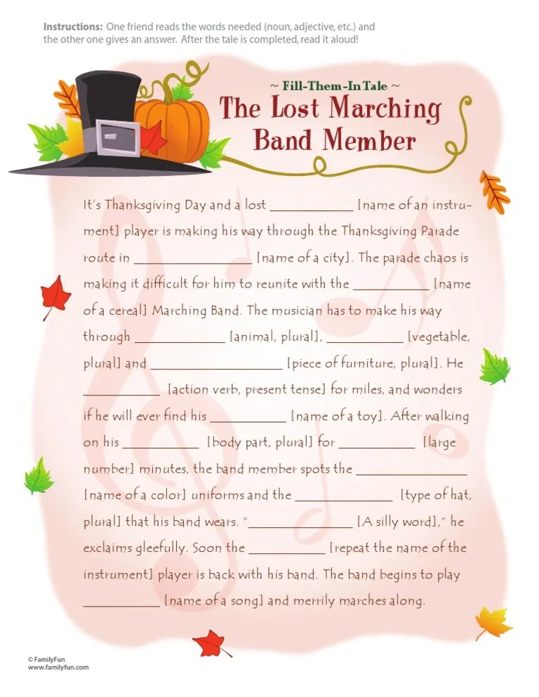 Thanksgiving Fill in the Blank Story