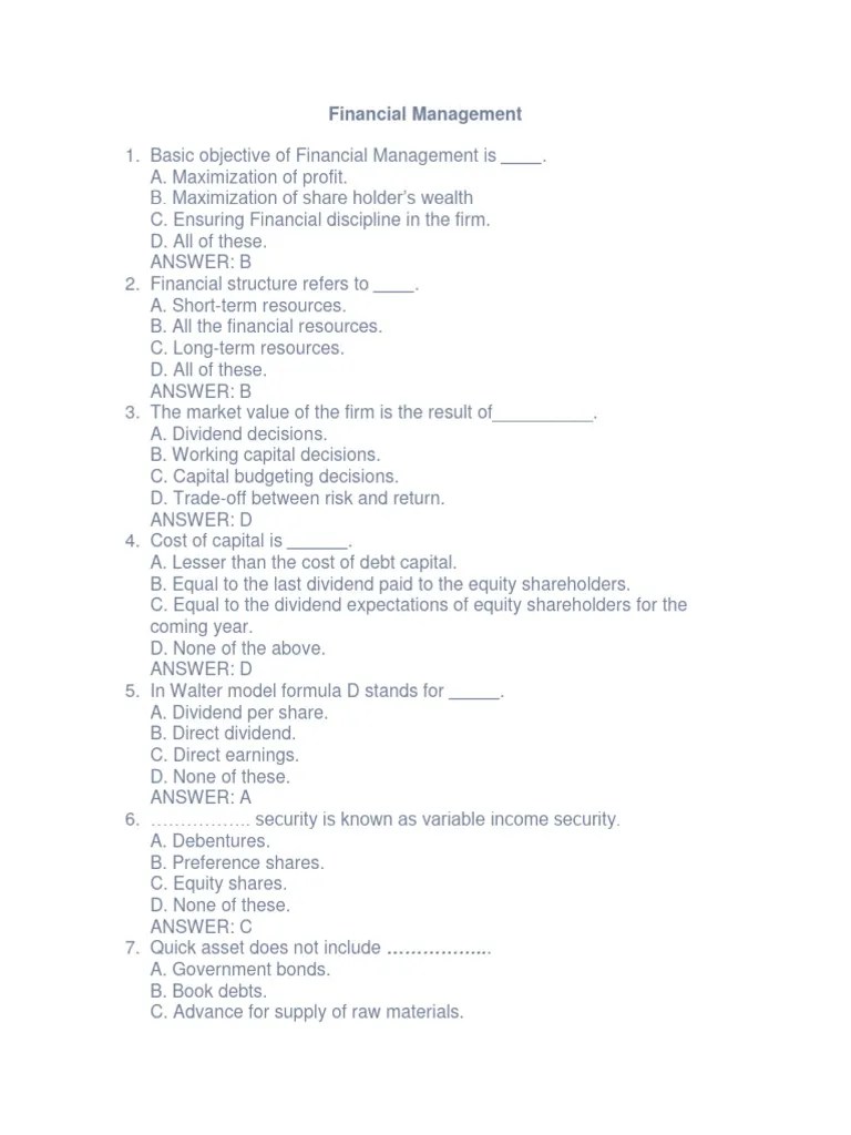financial management MCQ Practice PDF Cost Of Capital Investing