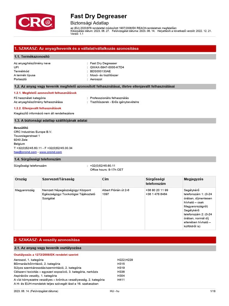 CRC Fast Dry Degreaser Aerosol MSDS (HUN) PDF