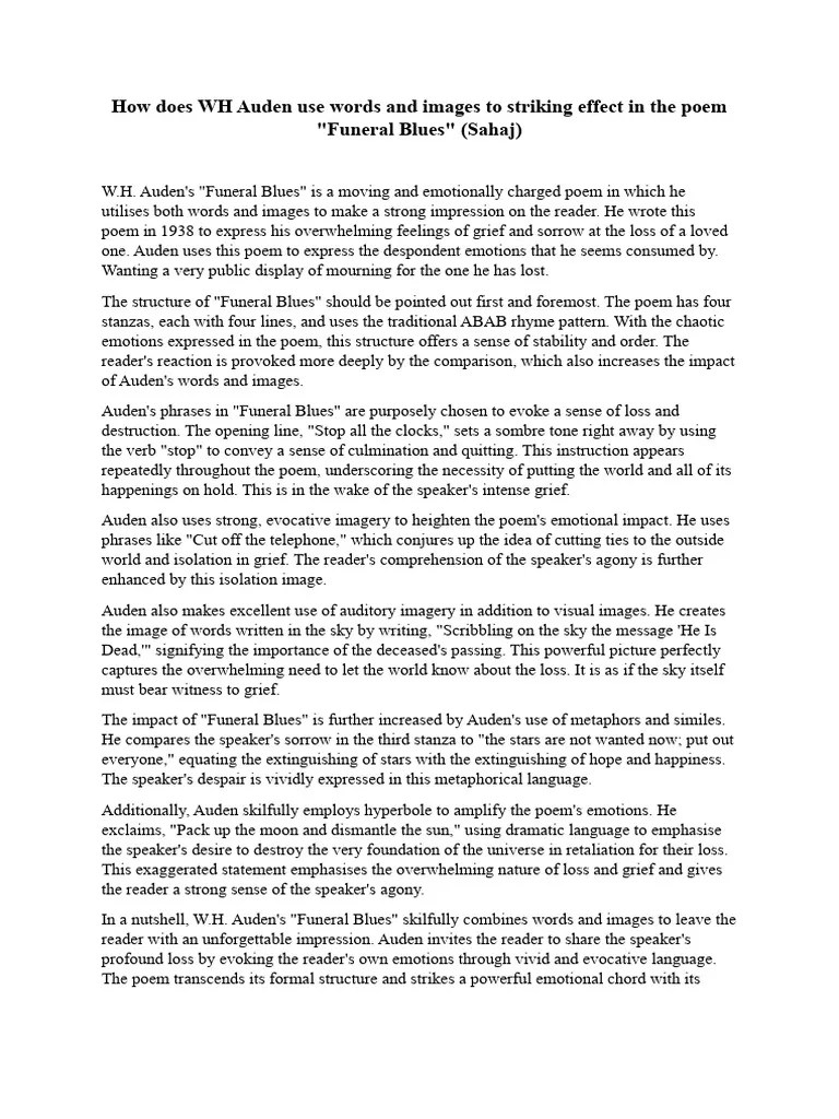 Funeral Blues Question PDF Poetry