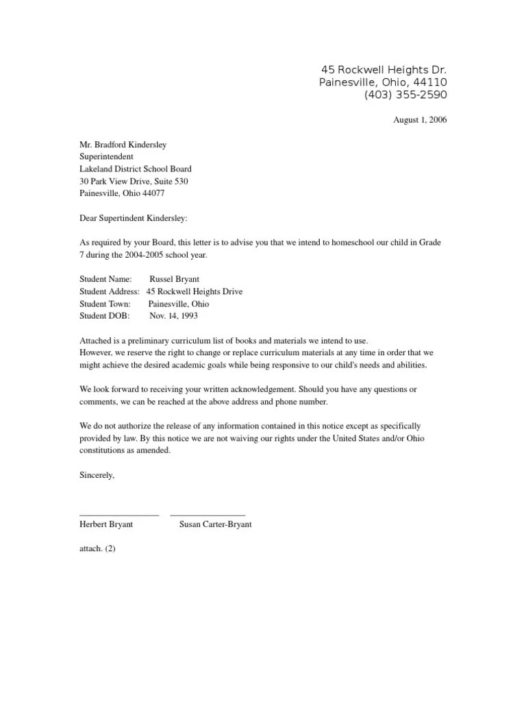Letter of Intent To Home School a Child