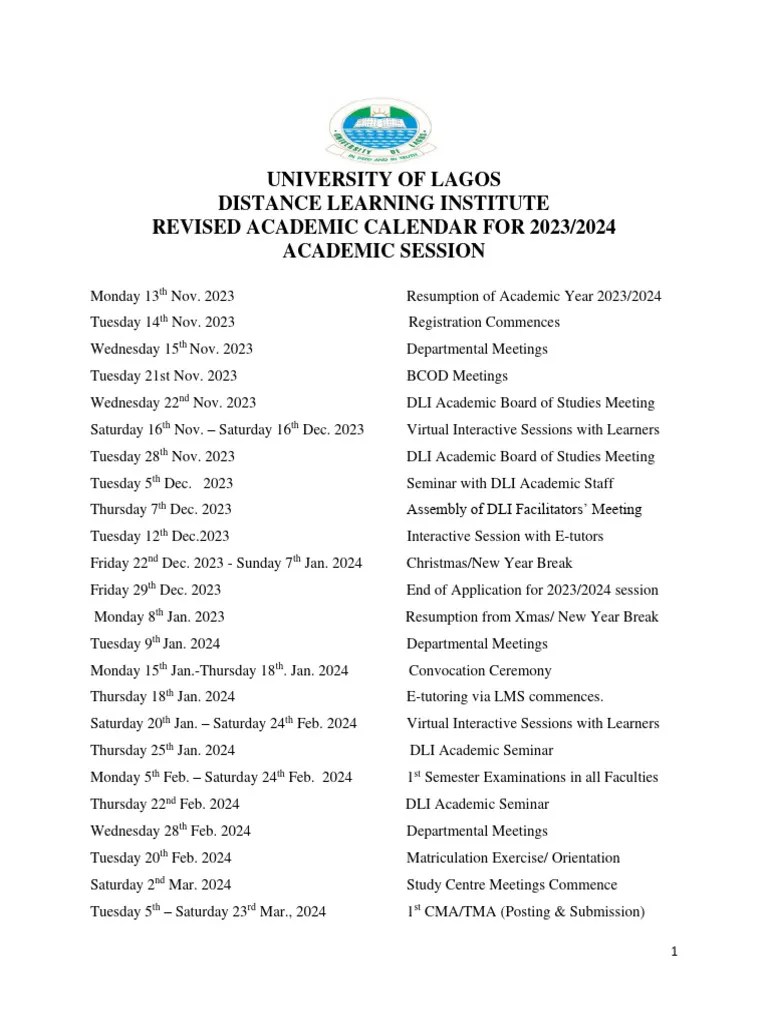 UNILAG DLI 2023/2024 Academic Calendar PDF Academic Term