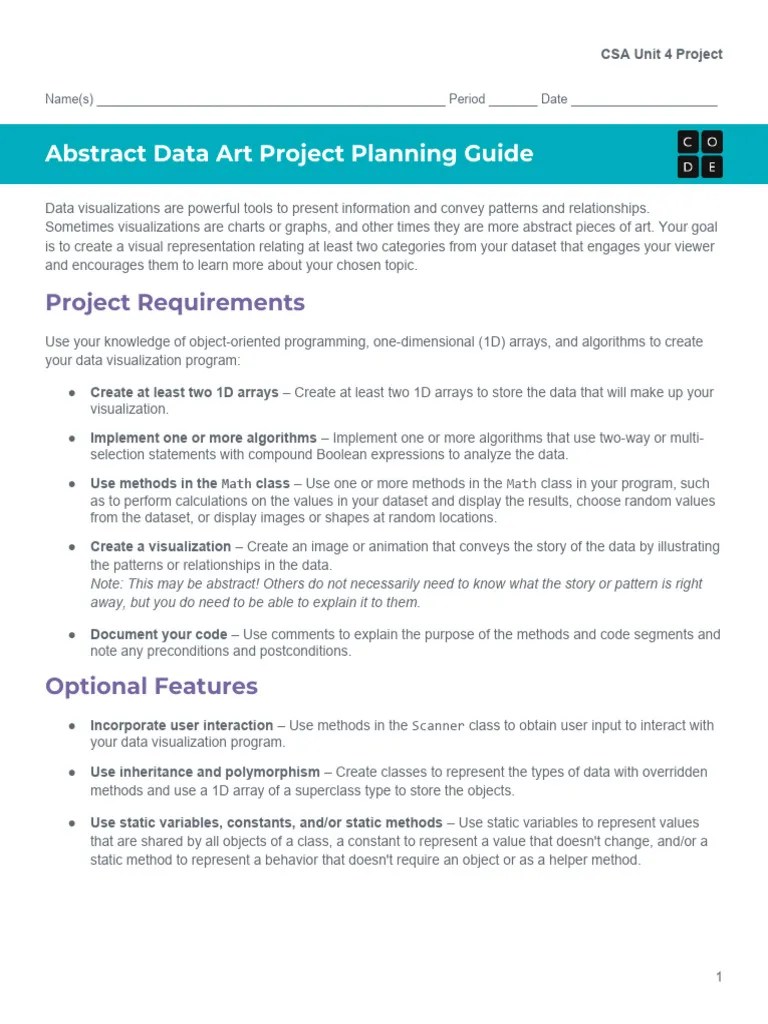 CSA Unit 4 Abstract Data Art Project Planning Guide PDF Method