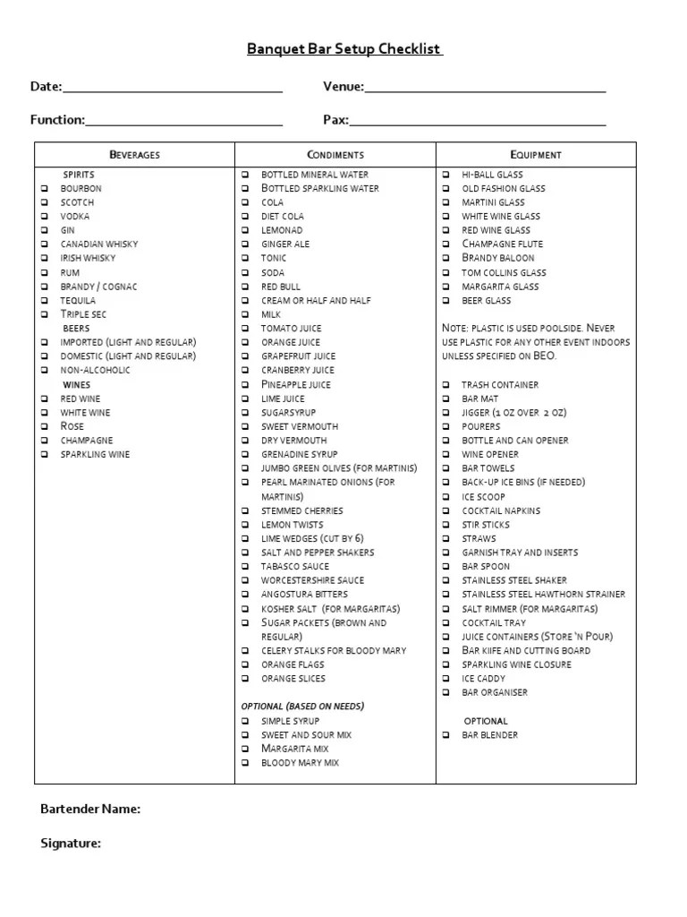 Banquet Bar Setup Checklist PDF Martini (Cocktail) Cocktails