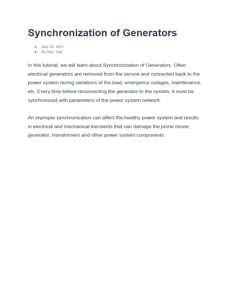 Synchronization of Generators PDF Electric Generator Physical Quantities
