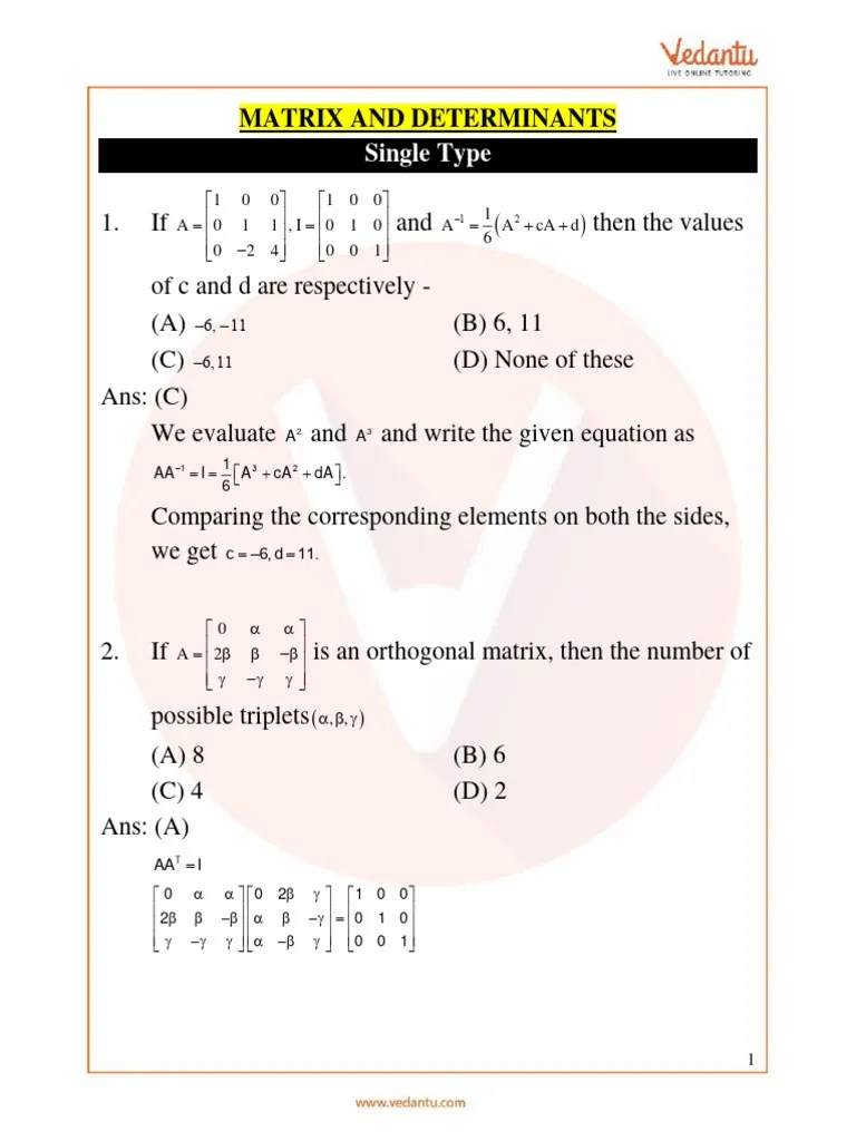 JEE Advanced Important Questions of Matrix and Determinants PDF